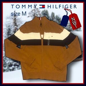 !!NWT!! TOMMY HILFIGER Men's Tan and Cream Zip-Up SWEATER size M
